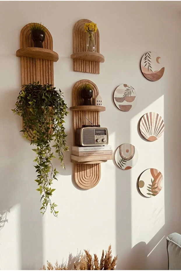 Semplice Duvar Rafı Seti Ve Dekoratif Oval 5 Parça Tablo Seti